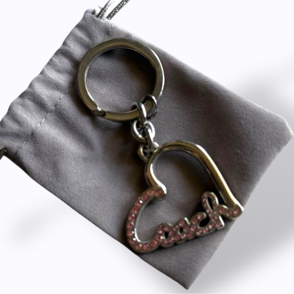 Coach 🪢 POPPY Pink Pave Jewel Love Stamp Silver Heart Keychain - Picture 1 of 3